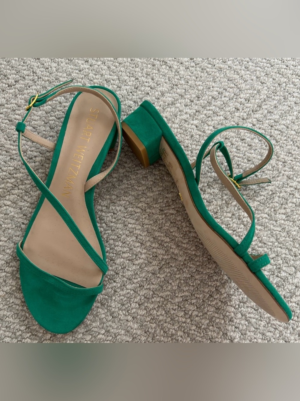 Stuart Weitzman Emerald Green Suede Ankle-Strap Block Heel Sandals
